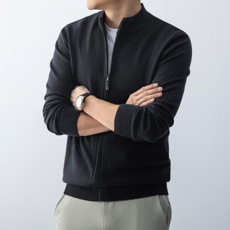 Casual Stand Collar Knitted Cardigan Men's Clothing Stylish Zipper Autumn Winter Vintage Solid Color Basic Long Sleeve Sweaters
