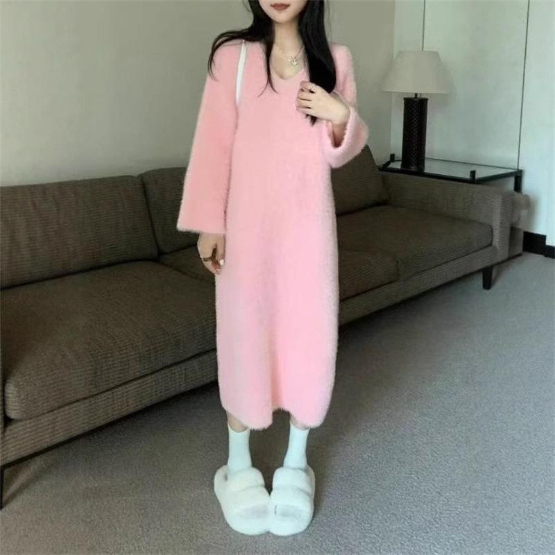 Gentle Wind White Imitation Mink Velvet Medium and Long Pullover Sweater V-neck Loose Lazy Knitted Dress Women's Autumn and Winter