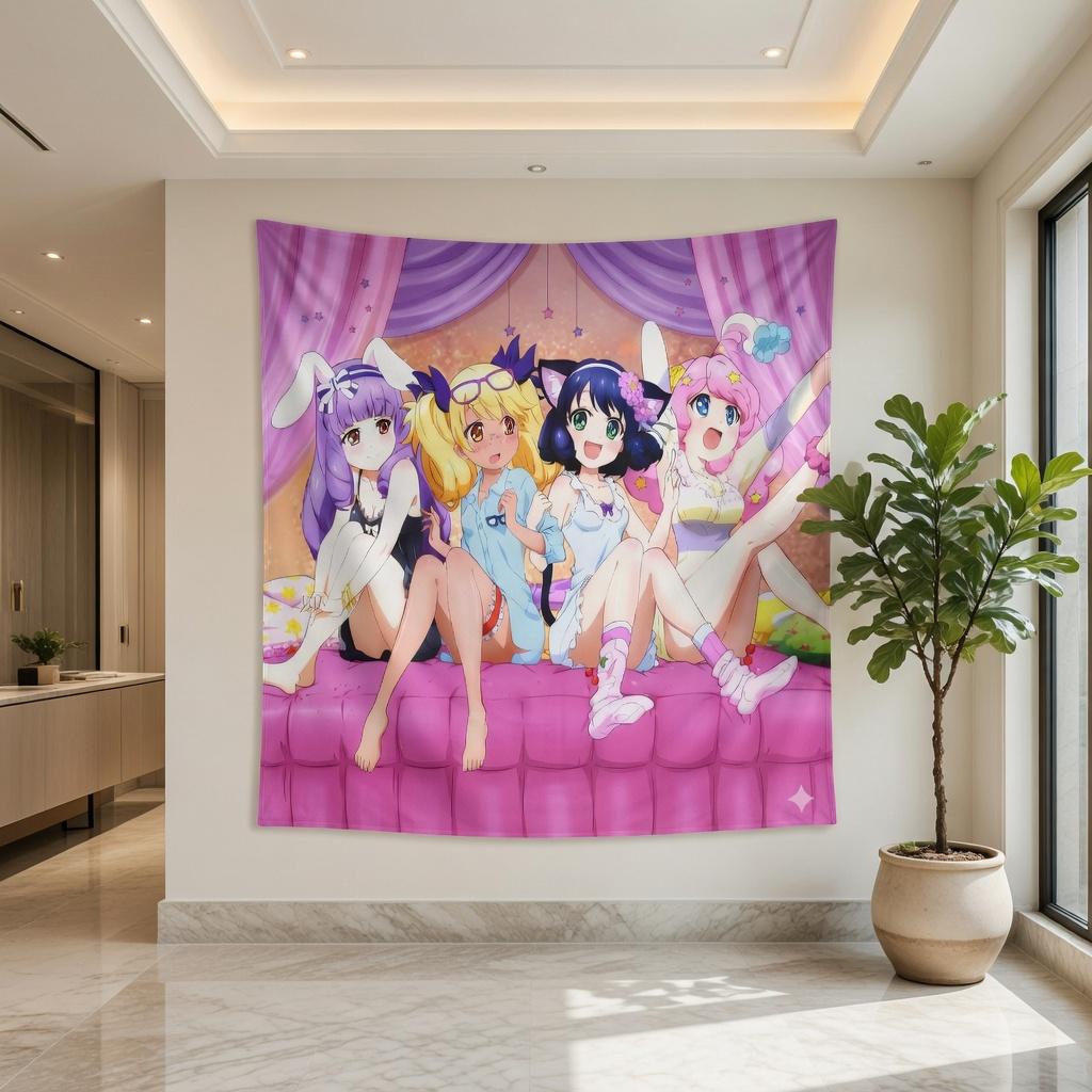 Anime Girl Wall Tapestry Kawaii Manga Aesthetic Room Decor Bedroom Dorm Art Poster Hanging Cute Pink Purple Backdrop Cloth