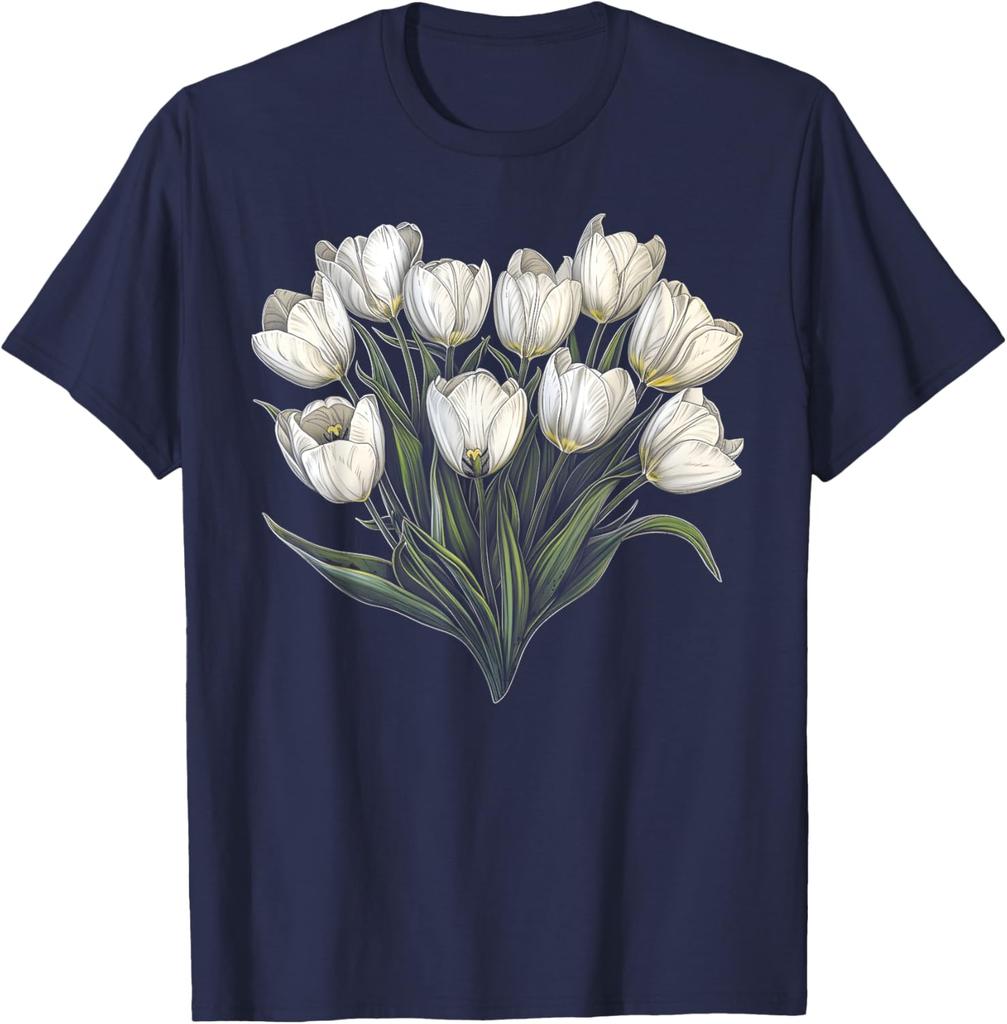 White Tulip Bouquet Floral Graphic Tee Men Casual Round Neck Short Sleeve T-Shirt Daily Wear