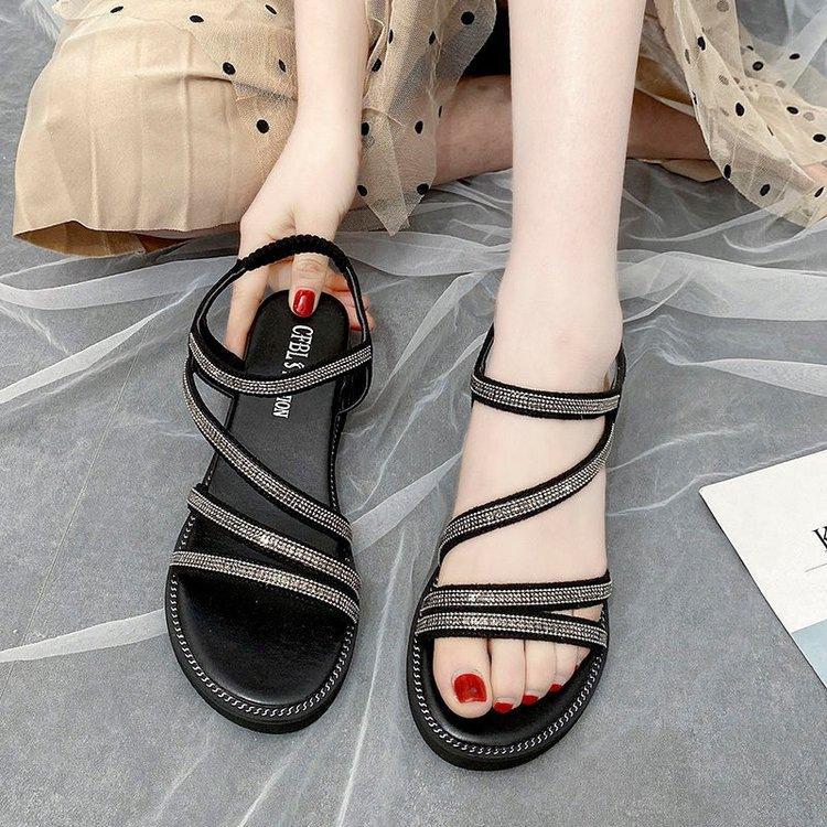 Super fairy rhinestone shoes summer 2025 new Korean version comfortable Roman shoes wear versatile sandals women's fashion non-slip women's shoes