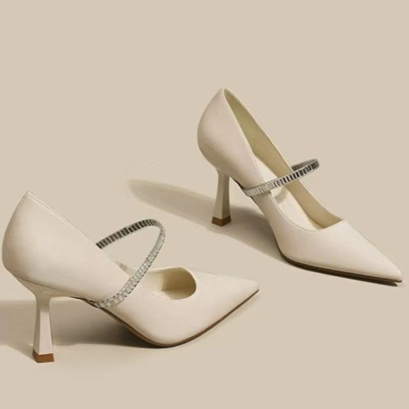 Fashion Super Soft Wrapped Heels Women's Fashion Pointed Toe Shallow Slip Rhinestone Slip Slip Slim Heel Single Shoes