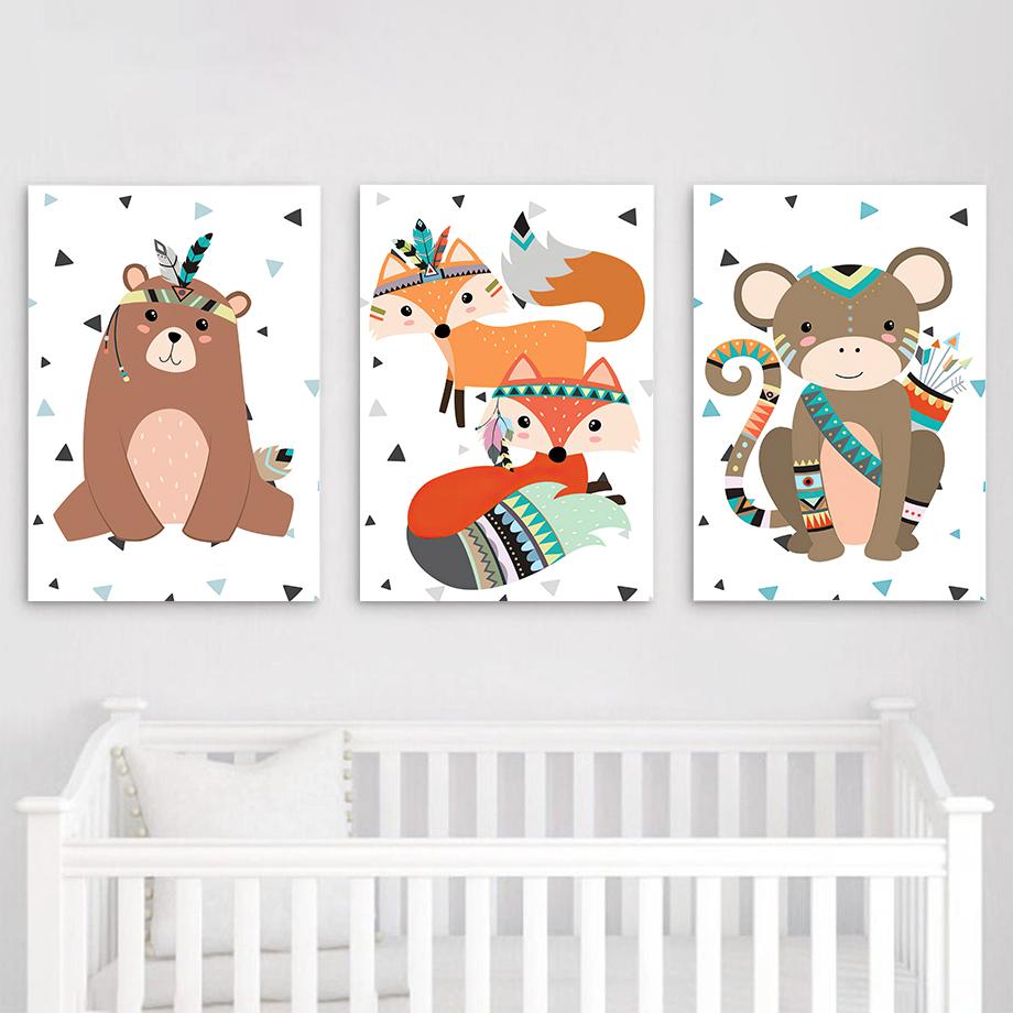kawaii Bear Deer Owl Fox Monkey Feather Nursery Animal Posters And Prints Wall Art Canvas Painting Pictures Baby Kids Room Decor