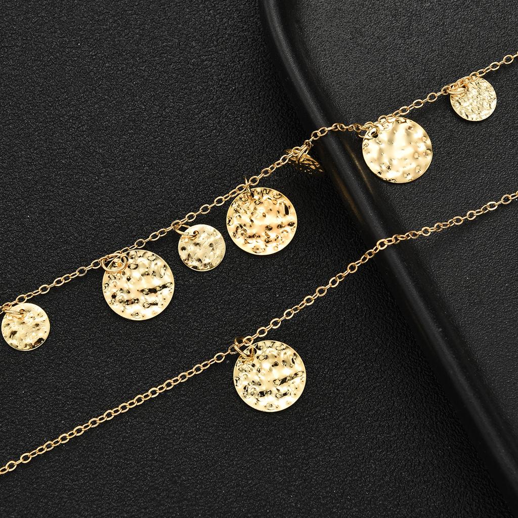 2Pcs Gold Color Textured Coin Fringe Tiered Necklace Set Chunky Disc Pendant Layered Choker Fashion Y-Necklace for Party Gifts