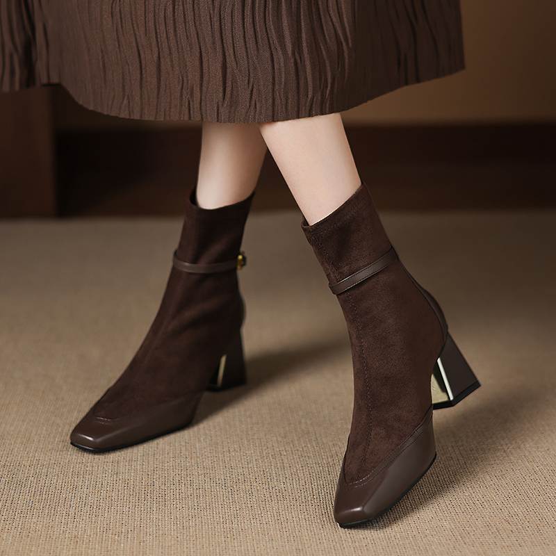 Krazing Pot Flock Cow Skin Square Toe Thick Heels Chelsea Boots Size 42 Beauty Lady Women Modern Fashion Girl Ankle Boots