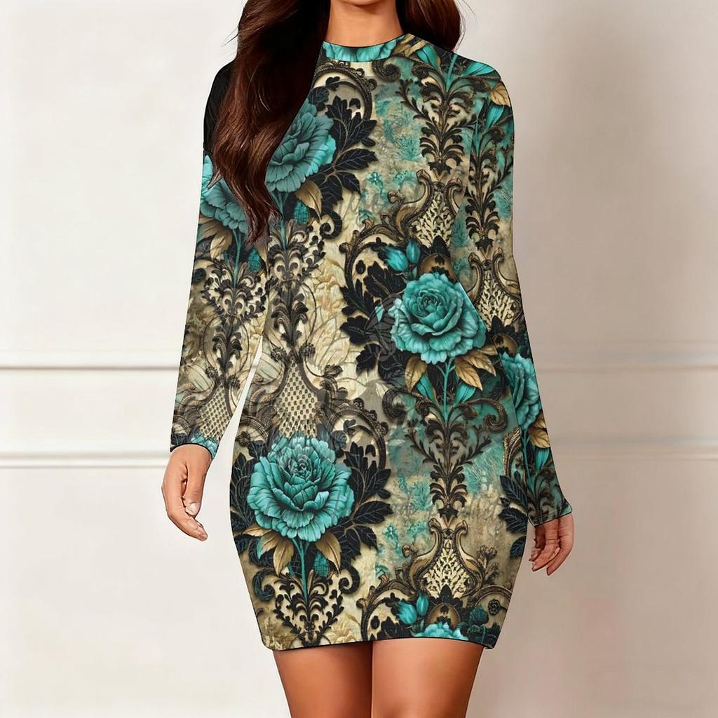 2025 Outono e Inverno Novo Estampa Floral 3D e Tingimento Moda Feminina Manga Longa Gola Redonda Vestido Envolvente de Quadril Dia dos Namorados Limitado