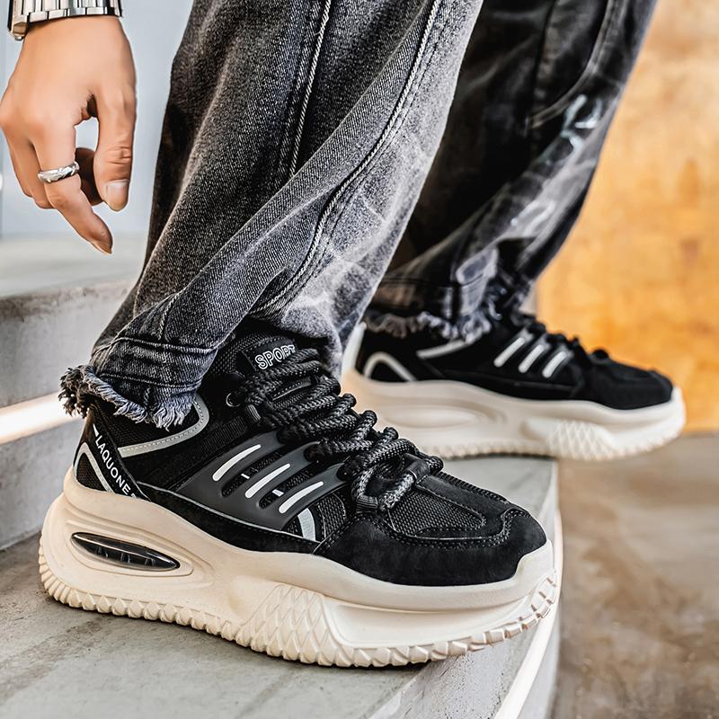 Tênis Esportivos Masculinos Casual Estilo de Rua Plataforma Tênis Estudantes Tamanho Grande Preto Tênis de Skate Aumento de Altura