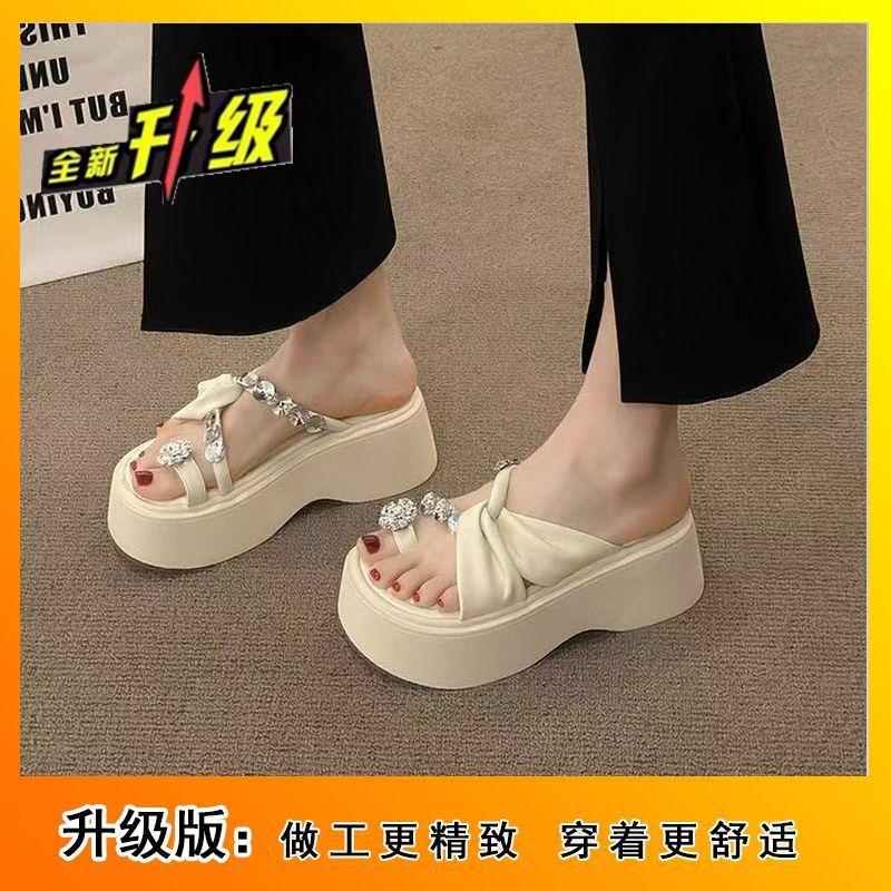 2025 New Fashion Rhinestone Cover Toe with Skirt Sandals Korean Version Fairy Wind Thick Sole Heightening Beach Cool Slippers Woman