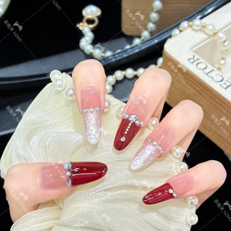 **Wine Red French Color Block Medium Length Handmade Nails** XS (Long Oval)