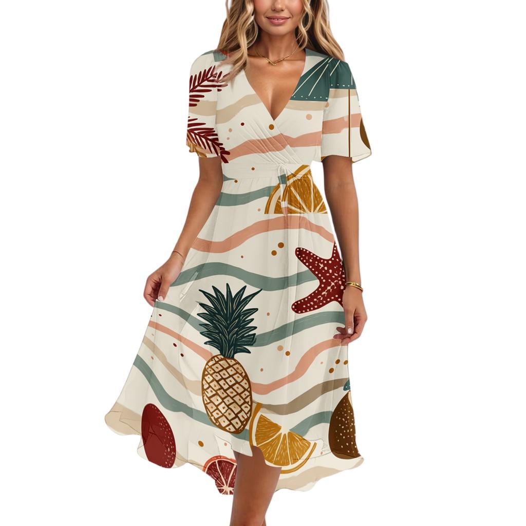 Women V Neck Short Sleeve Casual Dress Hawaiian Print Midi Length Summer Beach Dress with Flowing Skirt