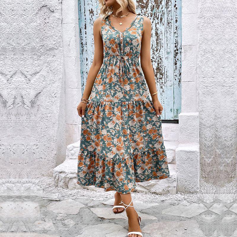 

Sleeveless Dress2025 Summer New European and American Cross-Border Women clothes Print Sleeveless Long Dress S8514 haze Blue L