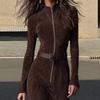 Vintage Modern Stand Collar Zip Split Waist Dress Elegant Lady Style Long Sleeve Knit