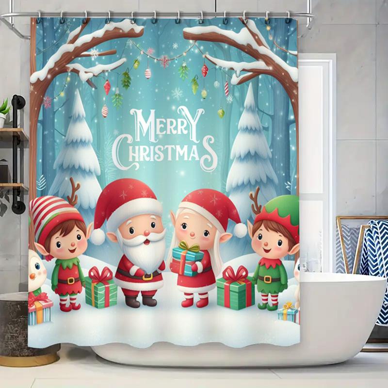 GAESanta and Elves Shower Curtain with Holiday Greeting, Blue Winter Scene with Gift Boxes for Family Christmas Bathroom Decor