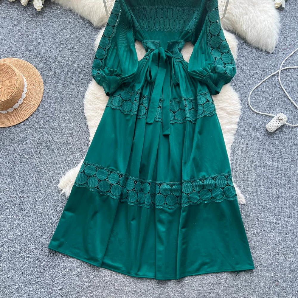 Retro Palace Style Dress for Women In Autumn and Winter A High-end Feel and Straps Waist Cinching Hollow Out Splicing Elegant Long Women Dress