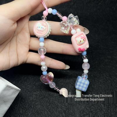 Süßes KT-Katzen-Handy-Lanyard mit Perlen, exquisite Kamera-Anhänger und Armband.