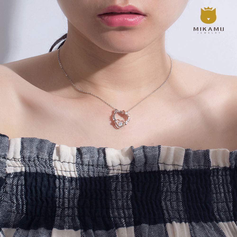 Cat Necklace Heart Shape Silver 925 Cubic Zirconia Pendant Necklace Sterling Silver Pink Gold Bicolor Lovely Birthday Anniversary Gift [MIKAMU]