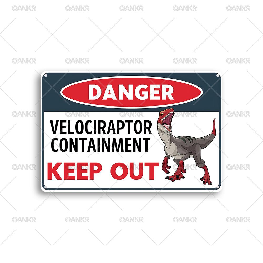 Vintage Warning Metal Tin Sign Danger Velociraptor Containment Keep Out Art Poster Chic Gift Metal Signs for Garden Farm Fence 20x30cm（7.8x11.8inch）