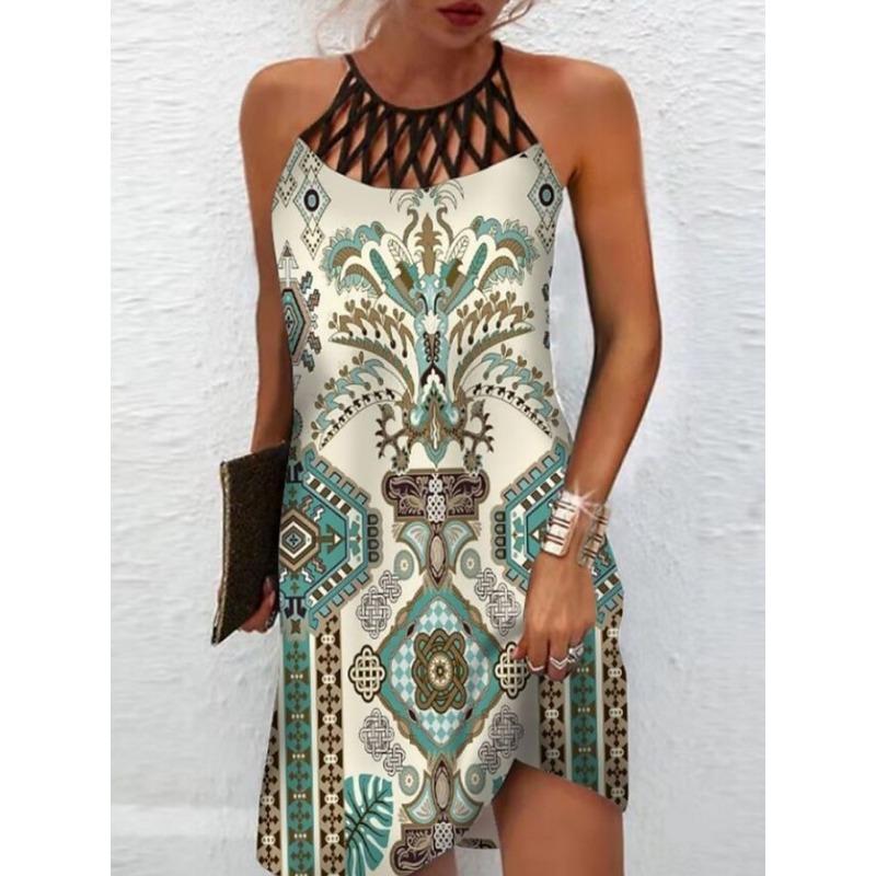 VEZFAA Women's Fashion Summer Spring Colour Block Print Sleeveless Middle Waistline Casual Dresses