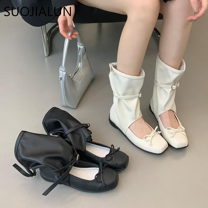 Fashion SUOJIALUN Autumn Women Medium Boots Round Toe Hollow Ladies Elegant Outdoor Dress Short Boots Flat Heel Outdoor Chelsea Boots