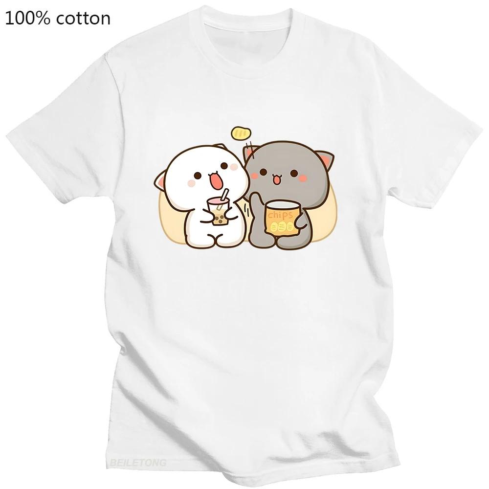 

Футболка из 100% хлопка Kawaii Mochi Peach Cat Clothing Bubble Tea Graphic Tshirts Casual Summer Short Sleeve Tee S белый