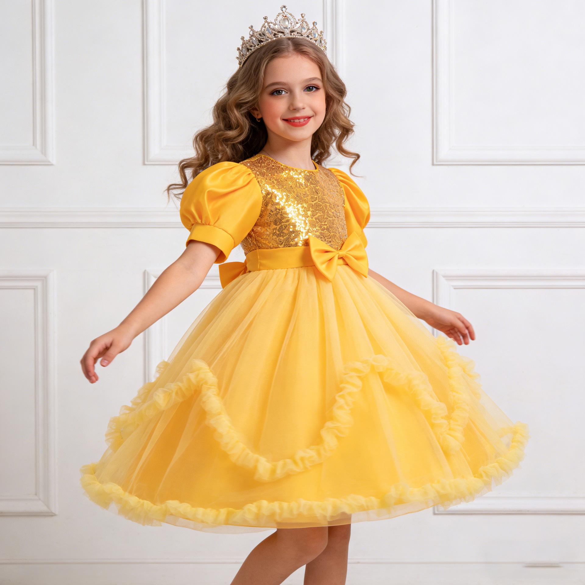 

Sequined Bow Puff Sleeve Princess Dress for Girls: Toddler & Child Performance Gown 130 cm жёлтый