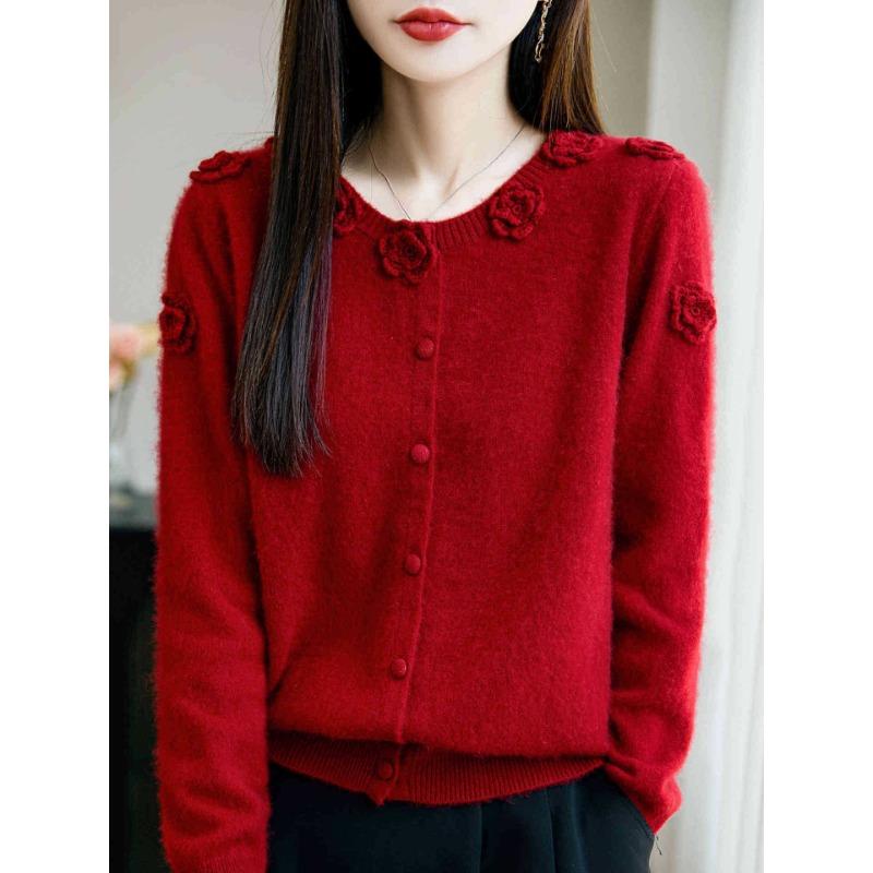 Women S Wool Knit Cardigan Loose Fit Elegant Casual Embroidered Sweater