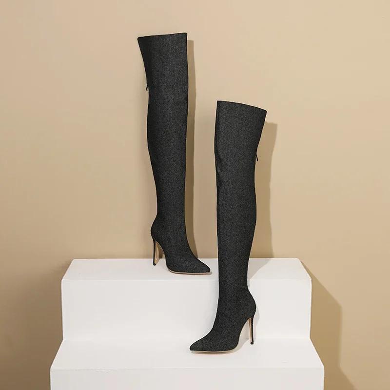 Winter Women Denim Over the Knee Boots Black Jeans High Thin Heel Pointed Toe Sexy Party Dress Lady Back Zipper Thigh High Boots