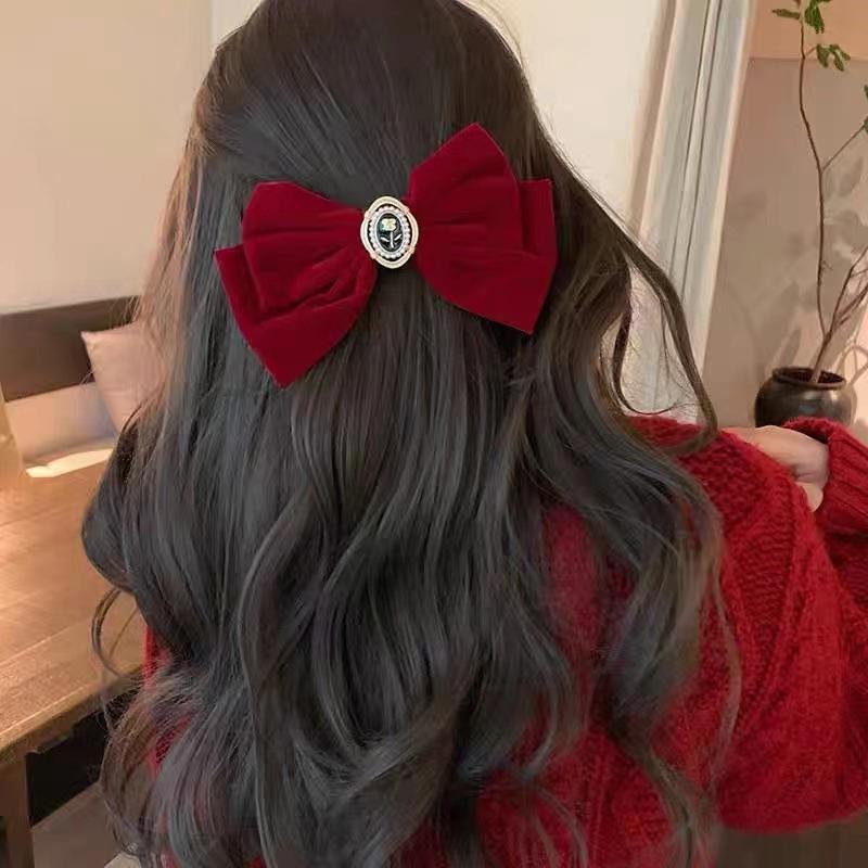 French Retro Red Velvet Oversized Bow Hair Clip for Women - Autumn/Winter Edition
