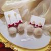 Wine Red Bow & Snowflake Fur Ball Tassel Earrings for Women - Winter Collection