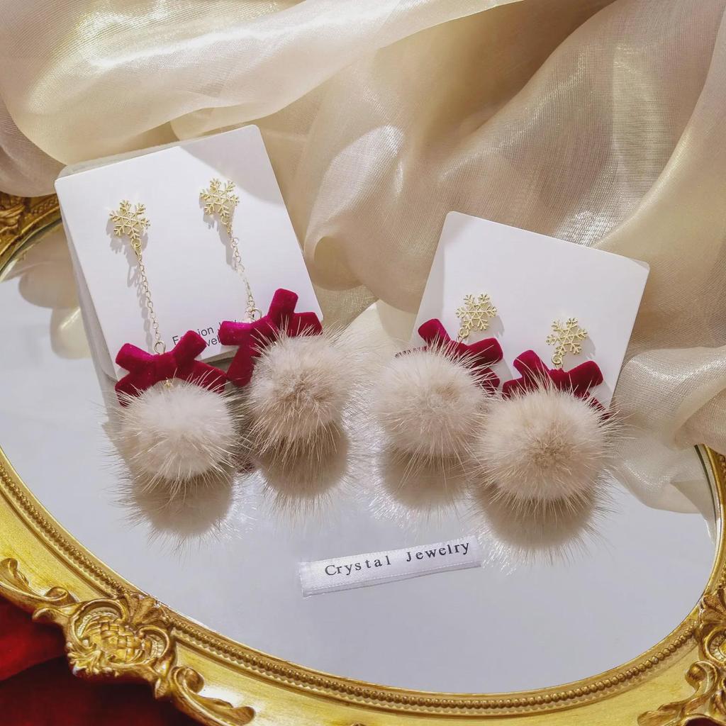Wine Red Bow & Snowflake Fur Ball Tassel Earrings for Women - Winter Collection