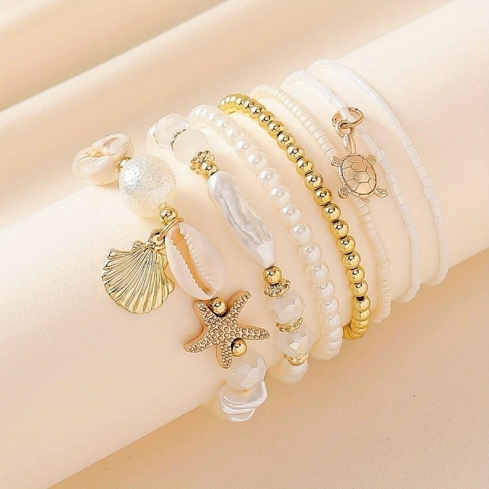 7pcs/Set Faux Pearl Stackable Bracelets Sea Shell Pearl Beaded Bracelets  Beach Holiday