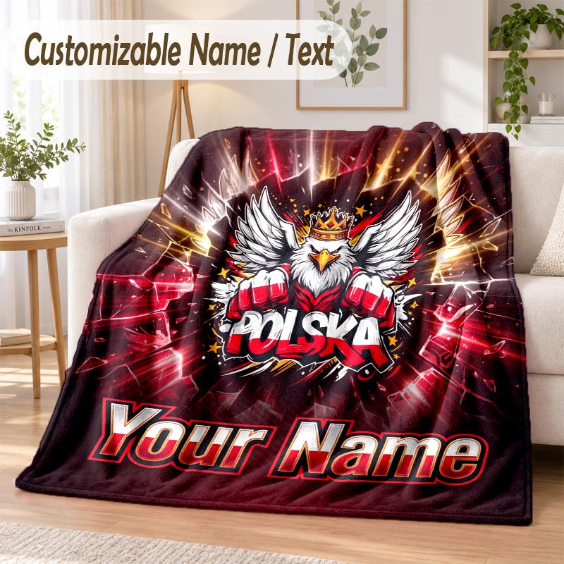Custom Text Flannel Blanket Poland Football Print Warm Cozy Blanket Home Sofa Bedding
