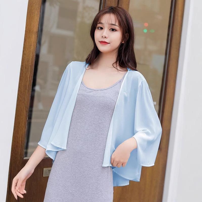 WTEMPO Women Chiffon Shirt 3/4 Sleeve Tie Front V-Neck Lightweight Sun Protection Shirt Casual Summer Beach Cover Up