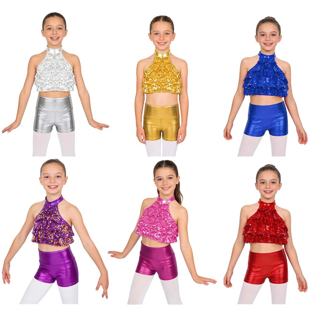 Top Corto da Bambina con Collo Alto Senza Maniche e Paillettes Pantaloncini Stratificati Lucidi Metallici Outfit per Danza sul Palco