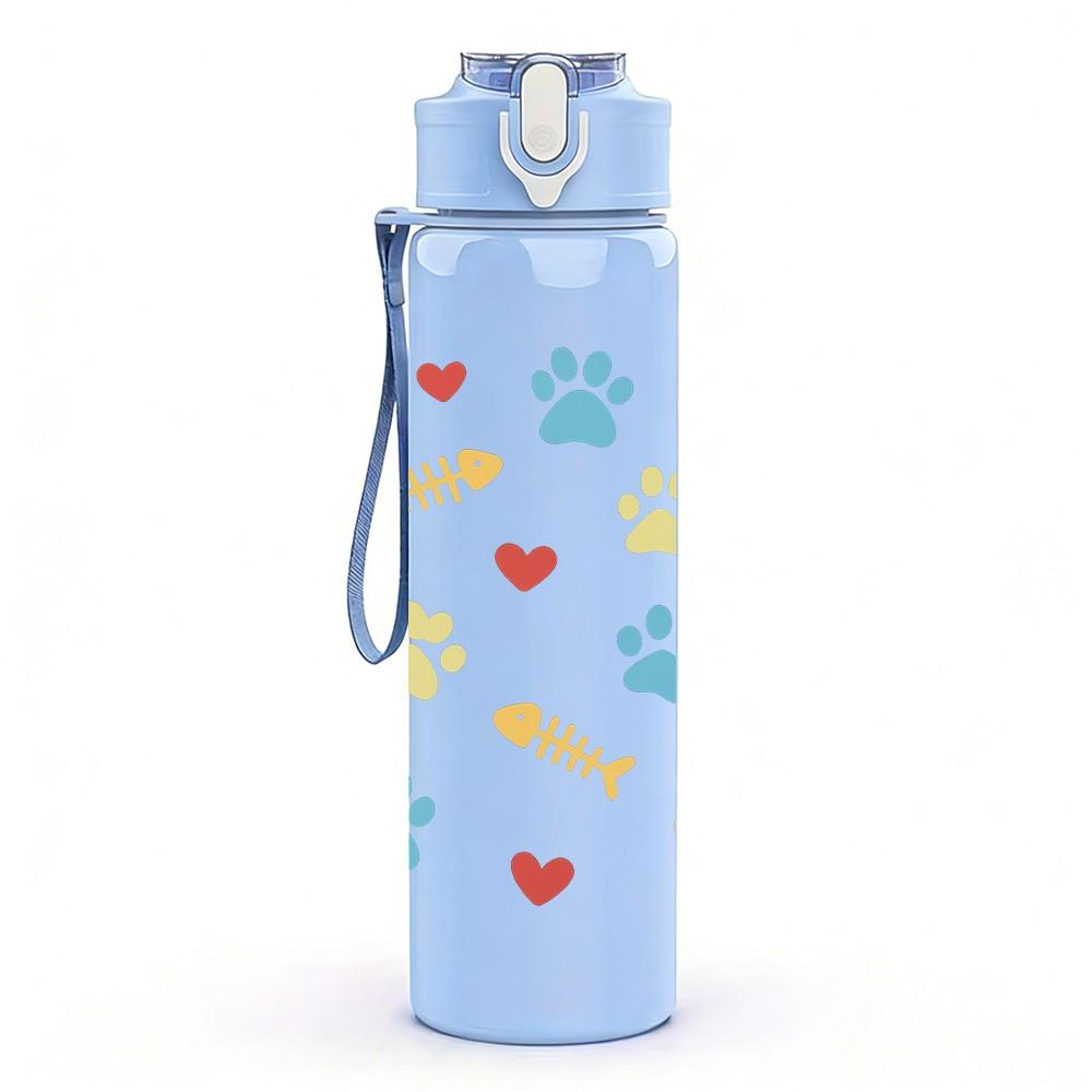 1PC Paw Print Heart Repeat Pattern 750ml Color Plastic Sports Water Bottle Leakproof Flip Straw Lid Suitable for Sports Office Home Use