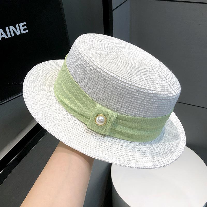 Sunscreen Hat Women's French Flat-top Pearl Top Hat Summer British Celebrity Style Casual Versatile Sun Straw Hat