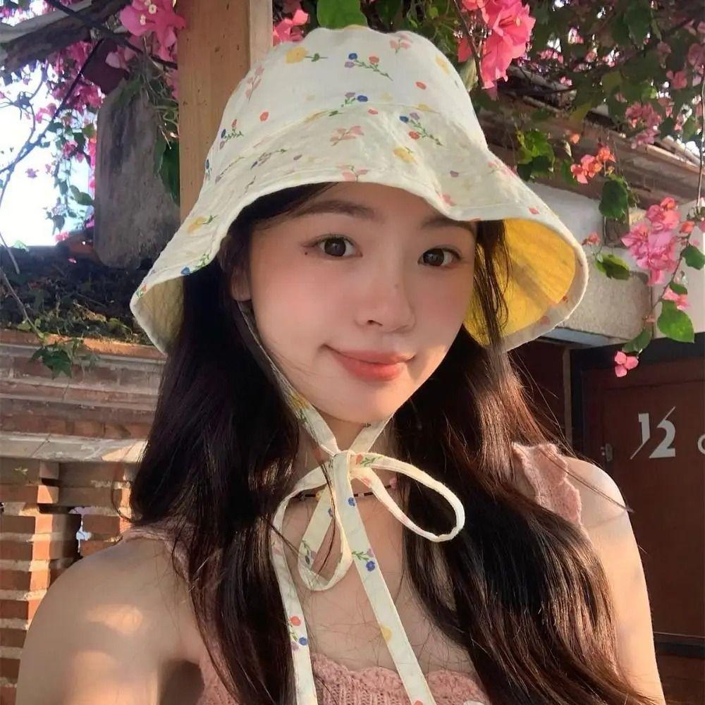Double Sided Women Fisherman Hat Floral Print Summer Sun Hats Panama Bucket Hats  Outdoor Travel