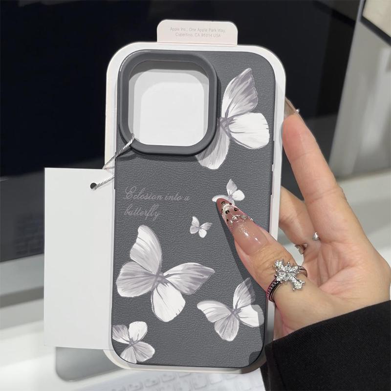 Color Butterfly Pattern Leather Texture Phone Case for iPhone 16 Pro 15 14 13 12 Pro Max Shockproof Matte Slim Plain Color Tpu Soft Anti-Fall Cover
