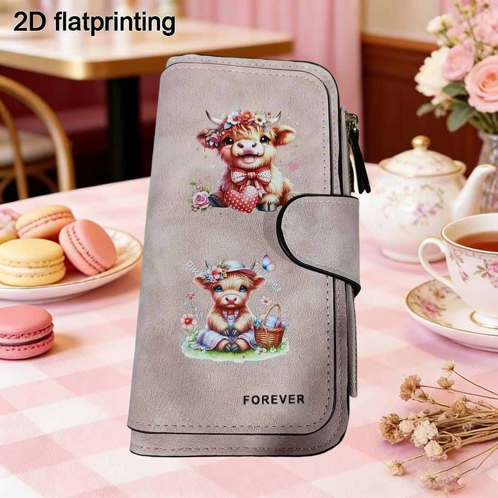 Women's Long Wallet with Scottish Highland Cow Pattern Multi-functional Portable Snap Button Coin Purse Fun Design Perfect for Birthday and Daily Use