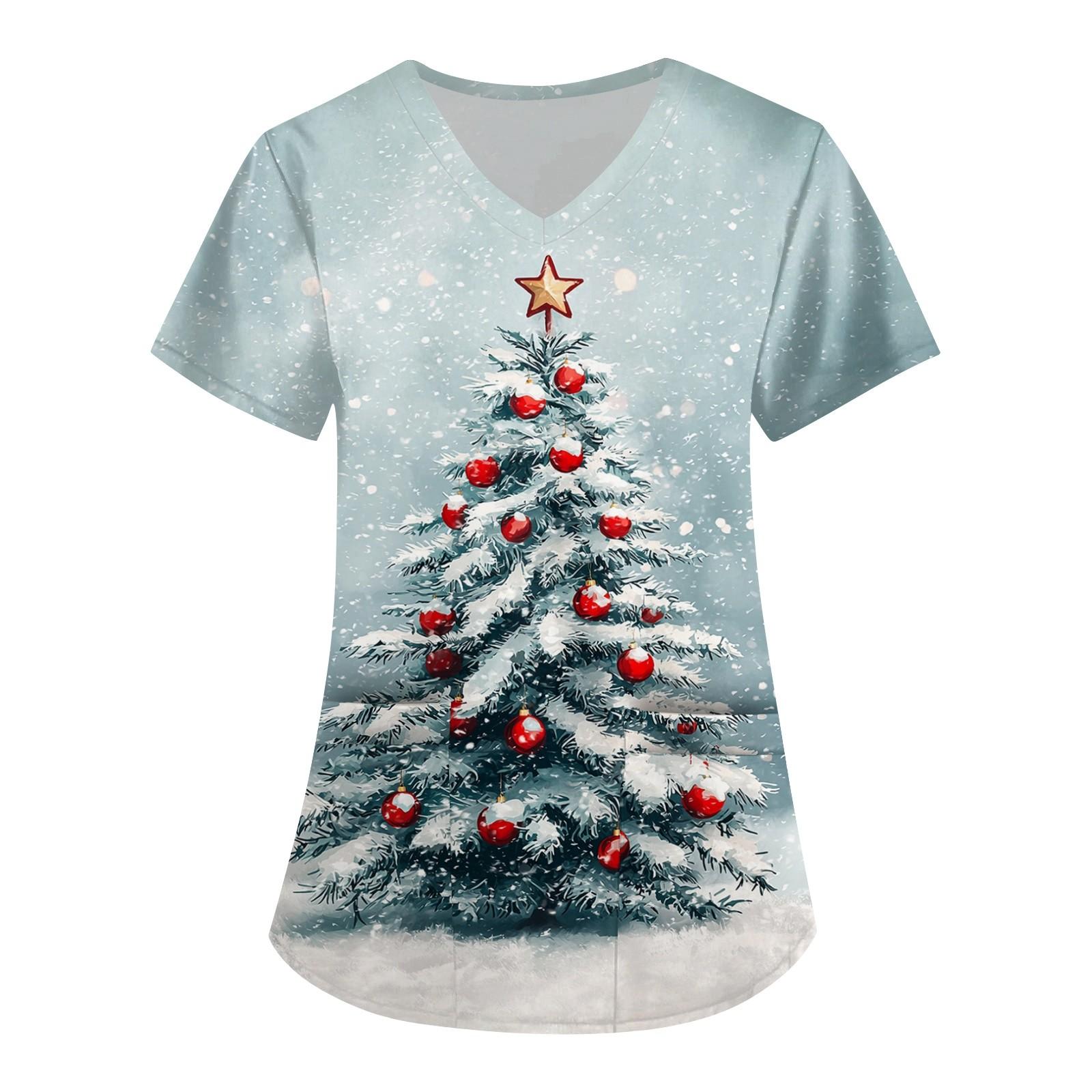 

Женская симпатичная рабочая одежда с принтом, V-образным вырезом, двухслойными карманами, базовым коротким рукавом, пуловером на Рождество S