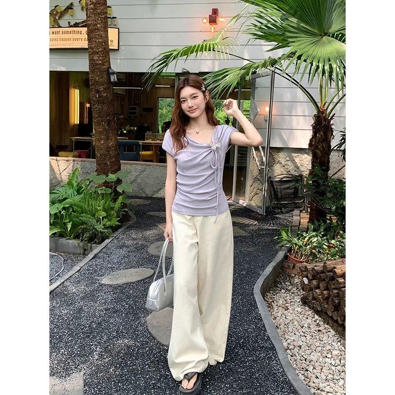 Swing Collar Slanted Shoulder Three-dimensional Bow Short-sleeved T-shirt Women's Summer Irregular Top