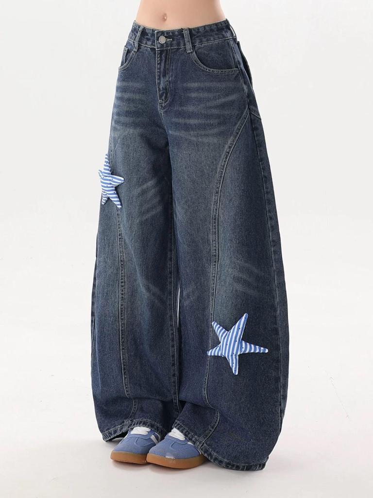 Women's Wide-Leg 3D Star Jeans – Loose, Floor-Length for Spring 2026