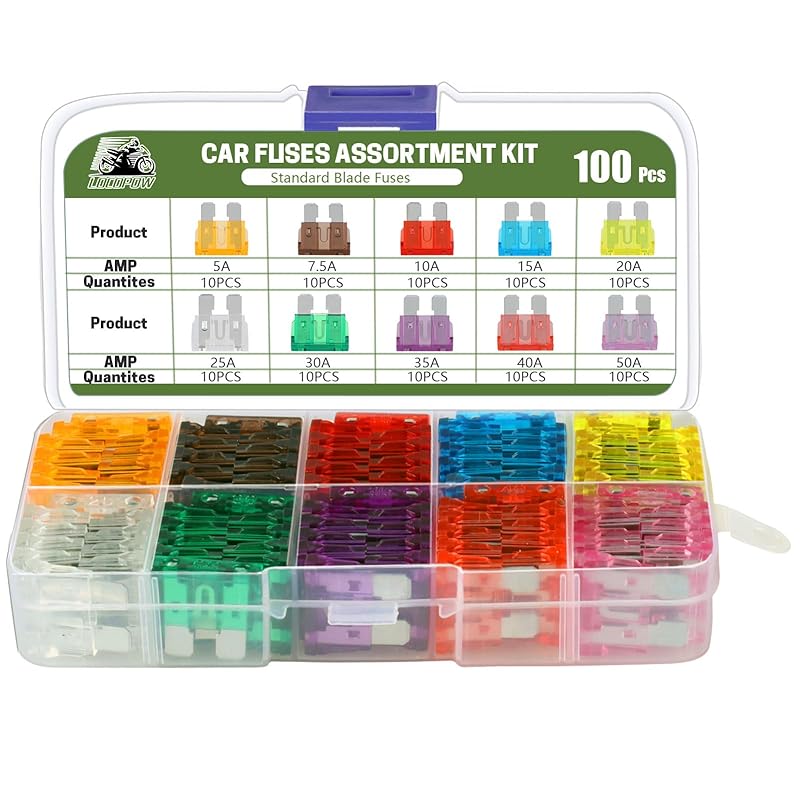 LOCOPOW 100Pcs Standard Blade Fuses Kit,Car Fuses Assortment Kit,RV Fuses, 5A/ 7.5A/ 10A/ 15A/ 20A/ 25A/ 30A/ 35A/ 40A/ 50A - Box Assortment-For 100PCS