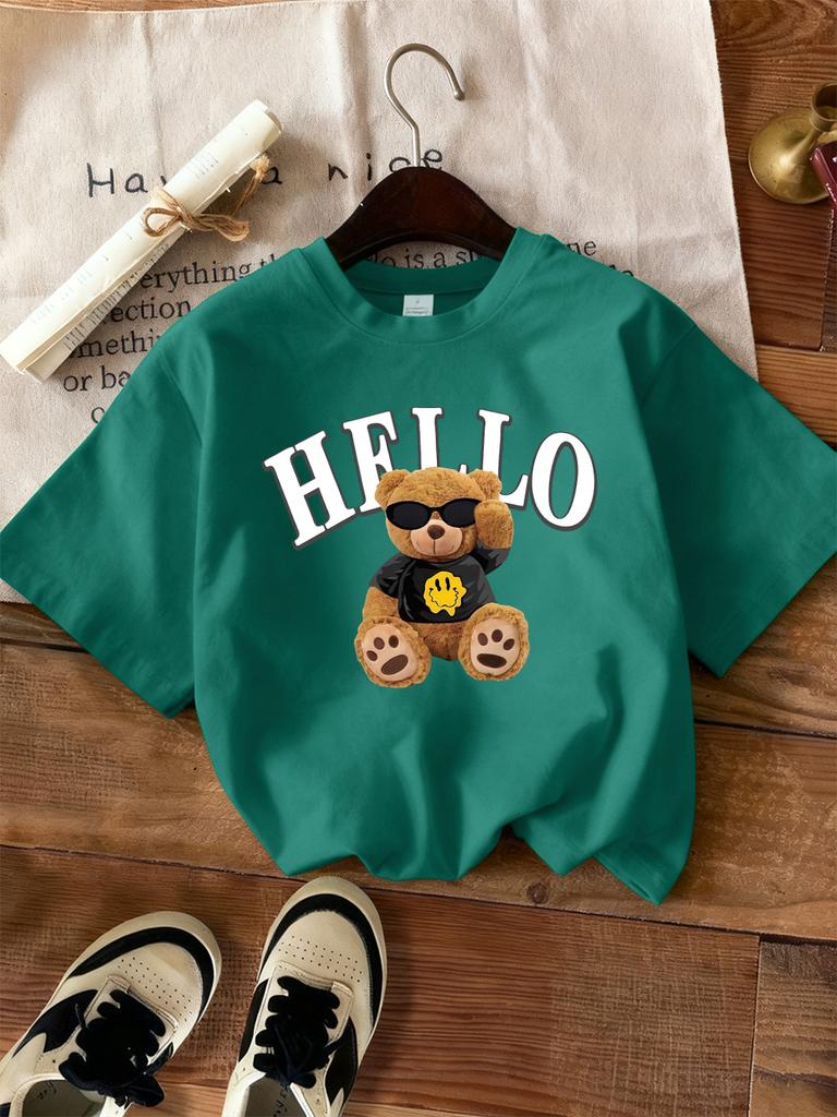 Cute Bear Says Hello Printed TShirts Women Casual Soft Short Sleeve Tops Loose ONeck T Shirts Summer Comfortable Woman Clothes