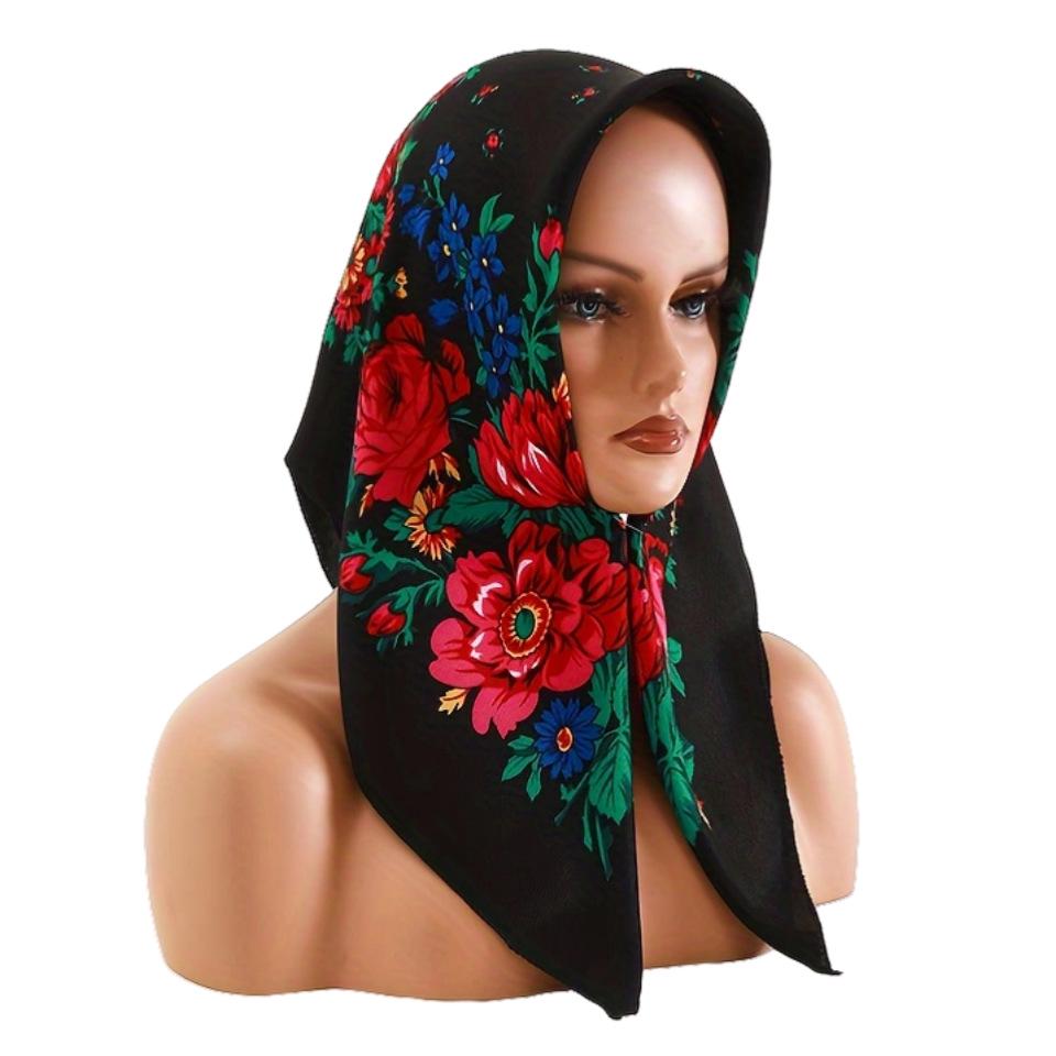 New Russian Ethnic Style Peony Silk Scarf - 70cm Retro Printed Headscarf for Women One Size