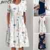 30 Color Pleated Midi Dress Short Sleeve Round Neck Loose Hem Mid-Calf Length Women Floral A-Line Party Dress Casual Wear