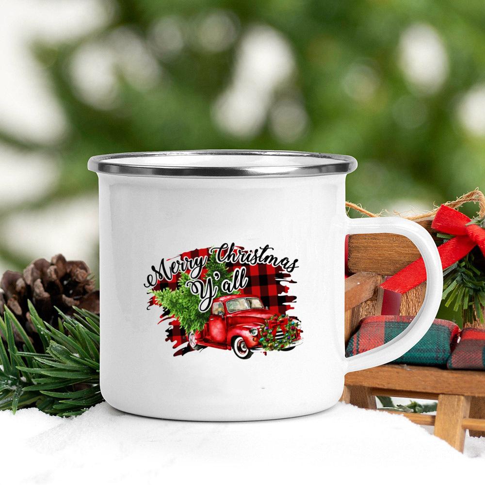 Truck Christmas Tree Printed Coffee Mugs Enamel White Drink Mug Handle Beer Cups Party Table Decoration Gifts for Family Friends