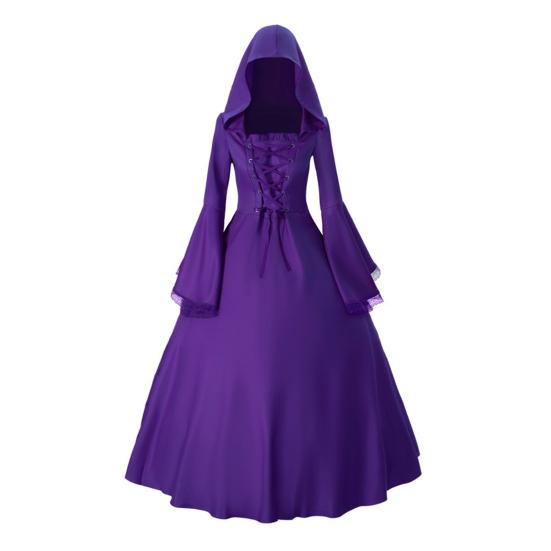 Dámské gotické šaty čarodějnice s kapucí, vintage středověké viktoriánské šaty, halloweenská renesanční cosplay róba na maškarní večírky, hraní rolí
