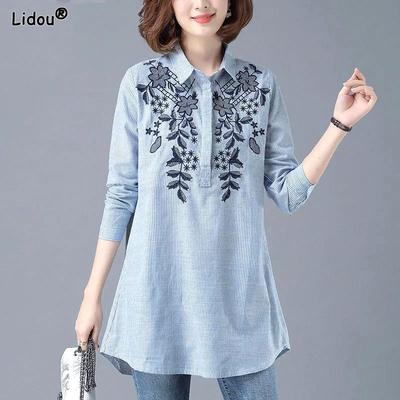 Lange Gestreifte Druck Casual Knopf Gerade Umlegekragen Pullover Bequeme Damenbekleidung Locker Frühling Sommer Elegant