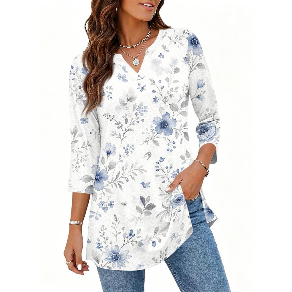 Women's Casual V Neck 3/4 Sleeve Pullover Tunic Top Floral Print Mid Length Blouse Lightweight Soft Fabric